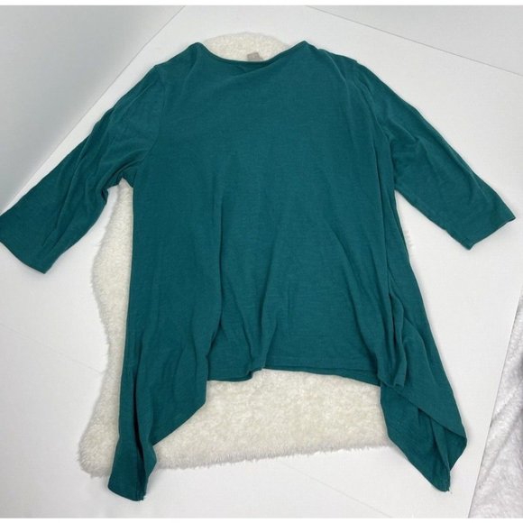 Chicos Size 3 Embroidered Peasant Top 3/4 Sleeve Tunic Asymmetric Hemline Green - Picture 7 of 9